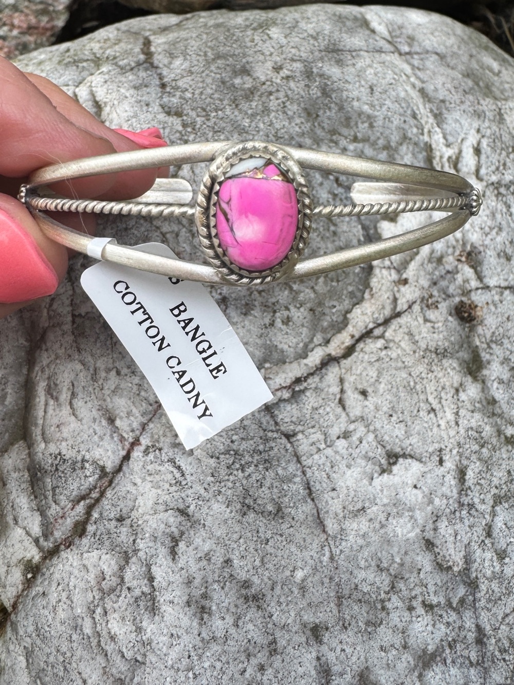Cotton Candy Pink Stone Silver Bangle Bracelet